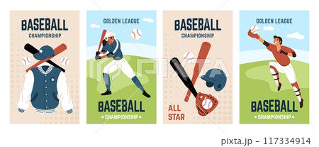 Baseball cards. Professional athletes fall and hit balls with bats. Sports uniforms and equipment. Invitations to championship. Serving softballs. Baseballers game. Garish vector set 117334914