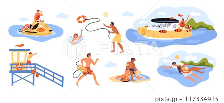 Beach lifeguards. Professional lifesavers. Rescues saving life to drowning people. Rescue equipment. Lifebuoys and boats. Water observation towers. Helping to swimmers. Garish vector set 117334915