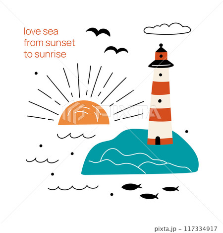 Cartoon sea life card. Ocean travel. Sunrise landscape. Beach vacation. Island lighthouse. Summer holiday. Seagull and fish. Nautical journey. Resort town elements. Vector tourism poster 117334917