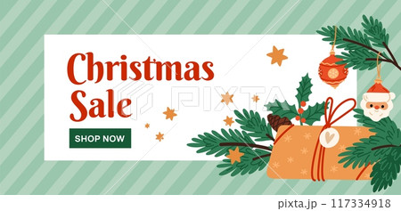 Christmas sale poster. Coniferous plant branches. New Year decorations. Holiday seasonal discounts. Gifts and toys garland. Winter celebration. Xmas special offer. Garish vector background 117334918