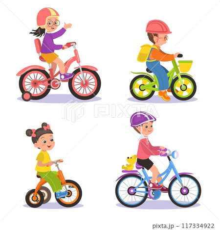 Cute girls and boys riding on bikes. Happy children ride color bicycles. Cartoon students go to school. Little cyclists. Kids transportation. Childish tricycles. Splendid vector set 117334922