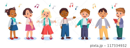 Kids singers in choir. Cute children sing song. Little artists concert. Funny choristers and vocalists. Boys and girls with music notes sheets. Musical performance. Splendid vector set 117334932