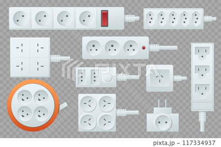 Power strips. Plastic sockets and adapters different types. Devices for connecting to electric circuit. Extension cords and tees. USB port shapes. Electricity 3D plug connectors vector set 117334937