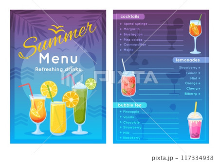 Summer beach bar menu. Party cocktails. List of fresh drinks design template. Homemade lemonades. Bubble tea. Refreshing smoothie. Non-alcoholic beverages. Recent vector cafe banner Summer beach bar menu. Party cocktails. List of fresh drinks design template. Homemade lemonades. Bubble tea. Refreshing smoothie. Non-alcoholic beverages. Recent vector cafe banner 117334938