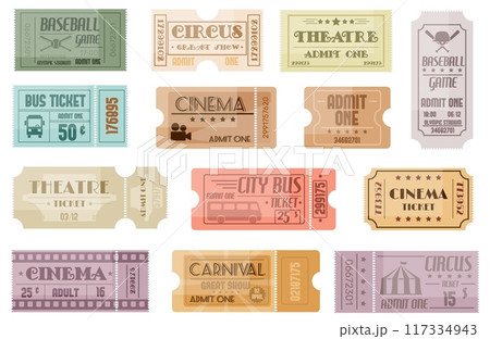 Vintage event tickets templates. Retro coupons. Old paper vouchers. Entrance passes to cinema or theater. Sport competitions and games access labels. Concert entry flyers vector set Vintage event tickets templates. Retro coupons. Old paper vouchers. Entrance passes to cinema or theater. Sport competitions and games access labels. Concert entry flyers vector set 117334943