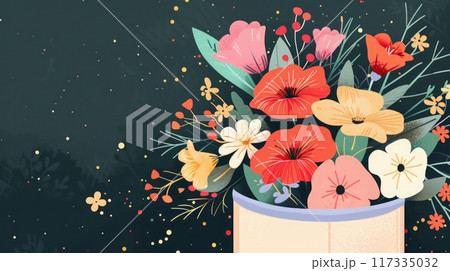 A mixture of red, yellow, and pink flowers burst from a white vase, creating a lively display against a dark backdrop. A mixture of red, yellow, and pink flowers burst from a white vase, creating a lively display against a dark backdrop. 117335032