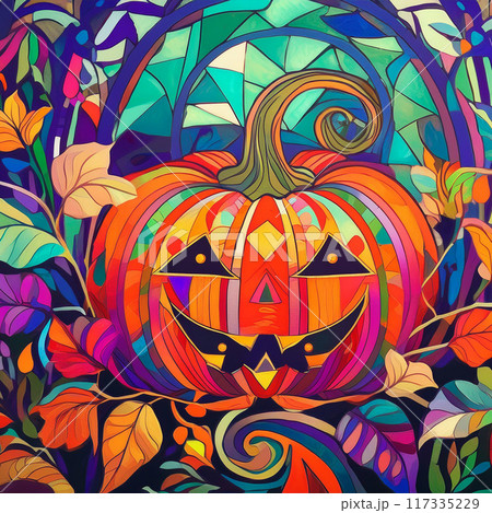 Spooky Jack-o'-Lantern Halloween Illustration: Glowing Pumpkins and Festive Fall Decor 117335229