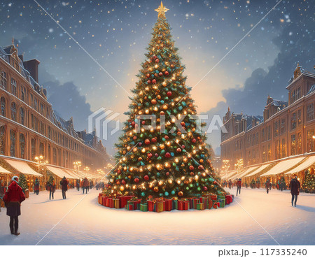 Grand Christmas Tree Illustration in City Square with Festive Decorations and Holiday Spirit 117335240