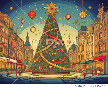 Grand Christmas Tree Illustration in City Square with Festive Decorations and Holiday Spirit Grand Christmas Tree Illustration in City Square with Festive Decorations and Holiday Spirit 117335243