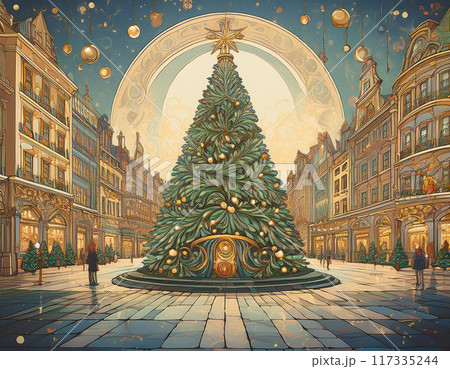 Grand Christmas Tree Illustration in City Square with Festive Decorations and Holiday Spirit Grand Christmas Tree Illustration in City Square with Festive Decorations and Holiday Spirit 117335244