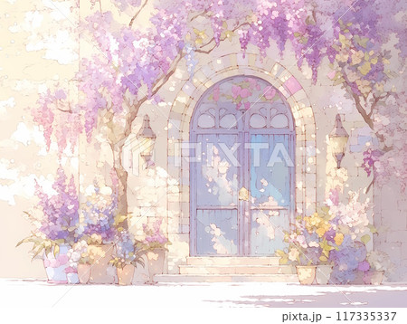 藤色の花々に囲まれたアーチ型ドアとランプ_挿絵風イラスト 藤色の花々に囲まれたアーチ型ドアとランプ_挿絵風イラスト 117335337