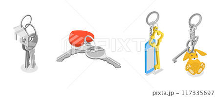 3D Isometric Flat  Illustration of Key Sets Collection, Keys with Accessories 117335697