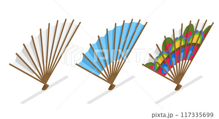 3D Isometric Flat Set of Decorative Fans, Asian Traditional Folding Hand Fan 3D Isometric Flat Set of Decorative Fans, Asian Traditional Folding Hand Fan 117335699