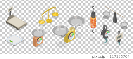 3D Isometric Flat Set of Scales Types, Equipment for Weight Measuring 3D Isometric Flat Set of Scales Types, Equipment for Weight Measuring 117335704