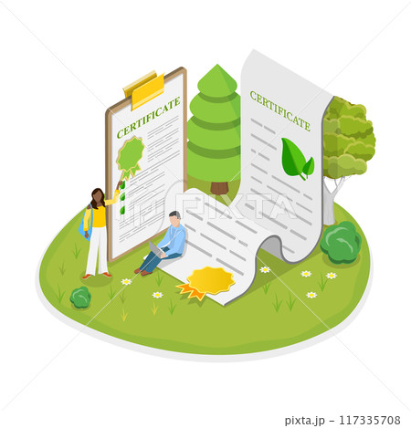 3D Isometric Flat  Illustration of Green Certificate, Eco License 117335708