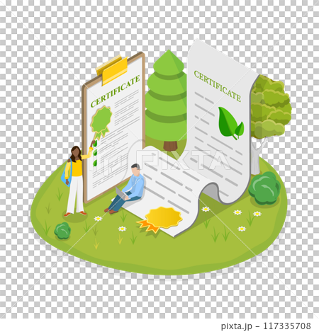3D Isometric Flat  Illustration of Green Certificate, Eco License 117335708