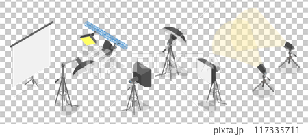 3D Isometric Flat  Set of Photo Studio Equipment Items, Photographer Tools 117335711