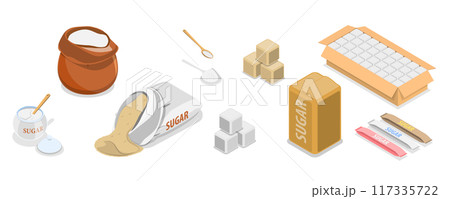 3D Isometric Flat  Set of Sugar Items, Granulated, Powder, Cubes 117335722