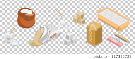 3D Isometric Flat  Set of Sugar Items, Granulated, Powder, Cubes 117335722