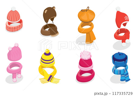 3D Isometric Flat  Set of Childish Knitted Accessories, Winter Stylish Hats and Scarves 117335729