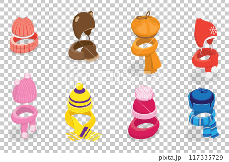 3D Isometric Flat  Set of Childish Knitted Accessories, Winter Stylish Hats and Scarves 117335729