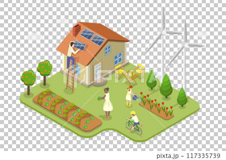 3D Isometric Flat  Illustration of Green Family Home, Nature Friendly House 117335739