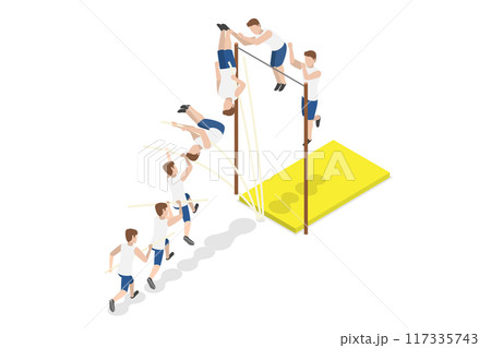3D Isometric Flat  Illustration of Jumping With Pole, Athlete Doing High Jump 117335743