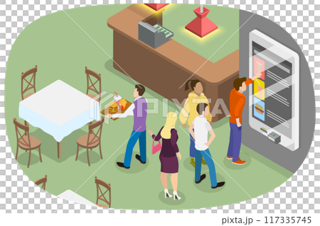 3D Isometric Flat  Illustration of Cafe Self Service, Modern Technologies 117335745