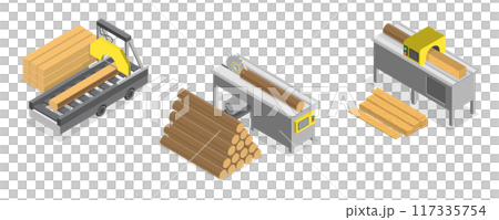3D Isometric Flat  Illustration of Sawmill, Furniture Making Tools and Processes 117335754