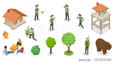3D Isometric Flat  Set of Forest Guard Characters, Ranger Keepers of Park Resources 117335756