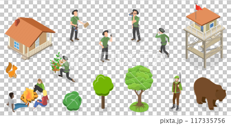 3D Isometric Flat  Set of Forest Guard Characters, Ranger Keepers of Park Resources 117335756