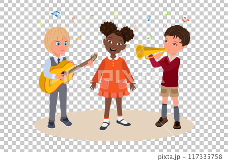 Flat Illustration of Talanted Children, Happy Kids Singing and Playing Classic Musical Instruments Flat Illustration of Talanted Children, Happy Kids Singing and Playing Classic Musical Instruments 117335758