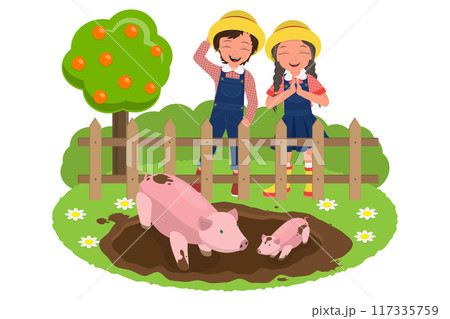 Flat Illustration of Happy Little Farmers, Kids Working in Farm Flat Illustration of Happy Little Farmers, Kids Working in Farm 117335759