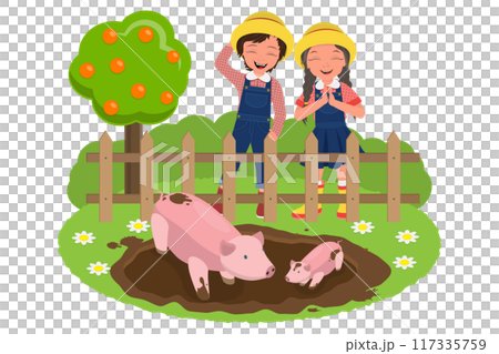 Flat Illustration of Happy Little Farmers, Kids Working in Farm Flat Illustration of Happy Little Farmers, Kids Working in Farm 117335759