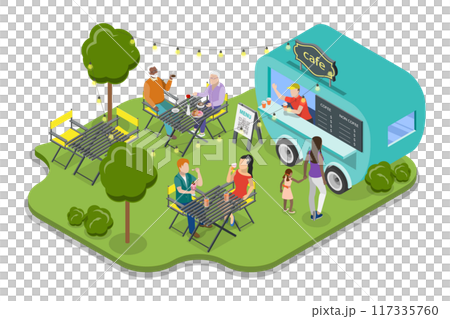 3D Isometric Flat Illustration of Street Food Restaurant, Summer Public Entertainment Party 3D Isometric Flat Illustration of Street Food Restaurant, Summer Public Entertainment Party 117335760