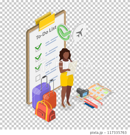 3D Isometric Flat  Illustration of Packing List, Travel Checklist 117335763