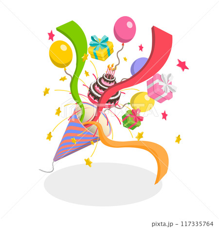 3D Isometric Flat Illustration of Celebration Banner, Party Composition 3D Isometric Flat Illustration of Celebration Banner, Party Composition 117335764