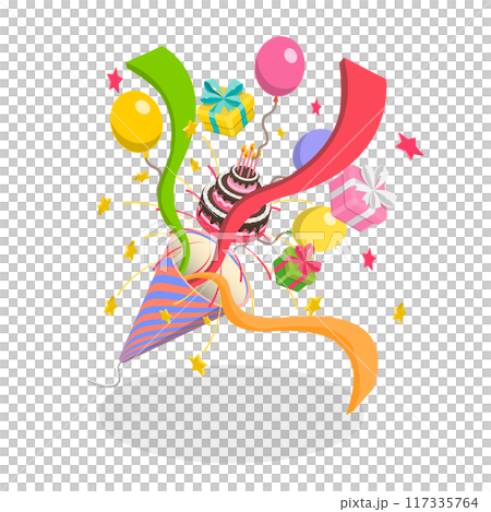 3D Isometric Flat  Illustration of Celebration Banner, Party Composition 117335764