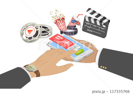 3D Isometric Flat  Illustration of Online Cinema Ticket Order, Mobile Movie Theater 117335766
