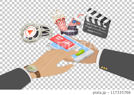3D Isometric Flat  Illustration of Online Cinema Ticket Order, Mobile Movie Theater 117335766