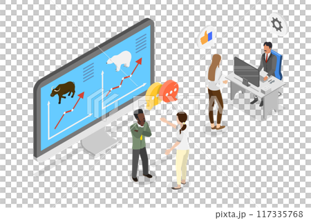 3D Isometric Flat  Illustration of Traders Analysing Global Market , Bears and Bulls 117335768