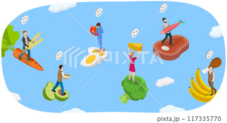 3D Isometric Flat  Illustration of Low-carb Nutrition, Balanced Dieting 117335770
