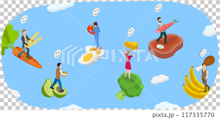 3D Isometric Flat  Illustration of Low-carb Nutrition, Balanced Dieting 117335770