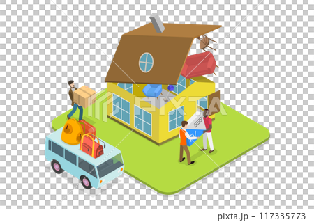 3D Isometric Flat Illustration of Moving Home, Relocated to a New House 3D Isometric Flat Illustration of Moving Home, Relocated to a New House 117335773