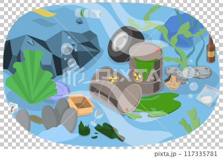 3D Isometric Flat  Illustration of Dirty Underwater Landscape , Ocean Pollution Impact on Ecosystem 117335781
