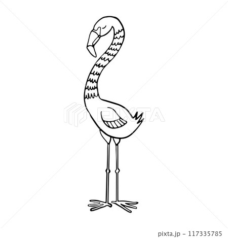 A minimalist black and white line drawing of an elegant flamingo standing tall with its curved neck and slender legs, showcasing the birds graceful and exotic nature 117335785