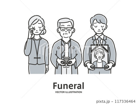 葬儀に列席する故人の夫と子供達 117336464