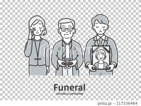 葬儀に列席する故人の夫と子供達 117336464