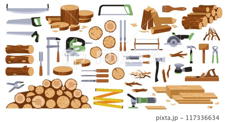 Cartoon carpentry tools and wooden materials. Trees trunks, planks and logs, jigsaws, saws, planes and grinders, timber raw, nature forest construction, isolated on white tidy vector set Cartoon carpentry tools and wooden materials. Trees trunks, planks and logs, jigsaws, saws, planes and grinders, timber raw, nature forest construction, isolated on white tidy vector set 117336634