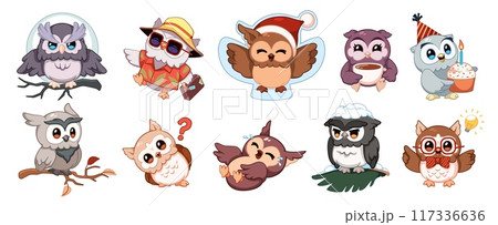 Cute cartoon owl characters. Funny birds, different actions, emotions, kids wise mascot, recreation, education and knowledge, winter and summer holidays, idea sign comic tidy vector set 117336636